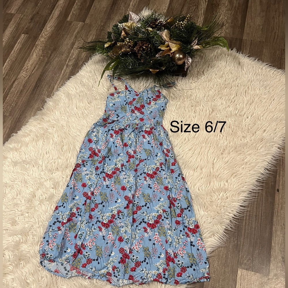 Patpat long spaghetti strap girls dress, size 6/7 blue with flowers